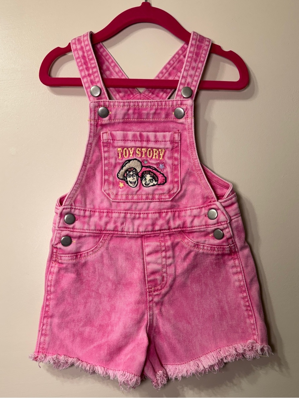 Y2K Disney Pixar Toy Story Pink Denim Shortalls Overalls Jessie Woody 2T summer